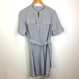 NWT Anne Klein seersucker Striped Blue and White Belted Dress size S